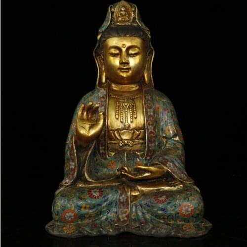 17"Tibet Buddhism Temple Old Bronze Cloisonne Enamel Guanyin Bodhisattva statue Kind and solemn Enshrine the Buddha