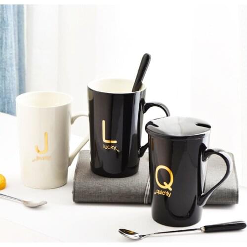 450ML Ceramic Mark Couple Cups Coffee Tea Milk Mug Creative Last Name Letter Water Cup With Lid Spoon