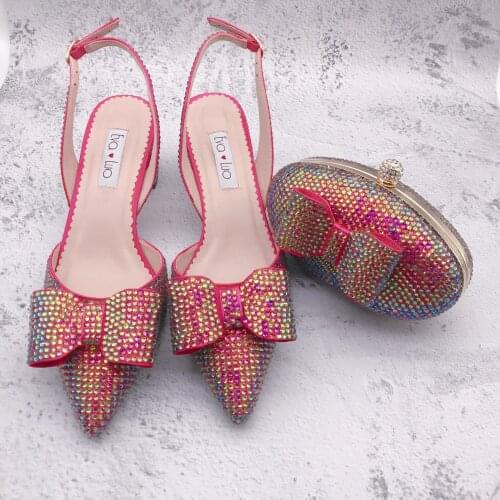 BS1317 Custom Handmade Multicolor Fuchsia Pink Crystal Women Dress Pumps Block Heel Bridal Wedding Shoes And Bag Set