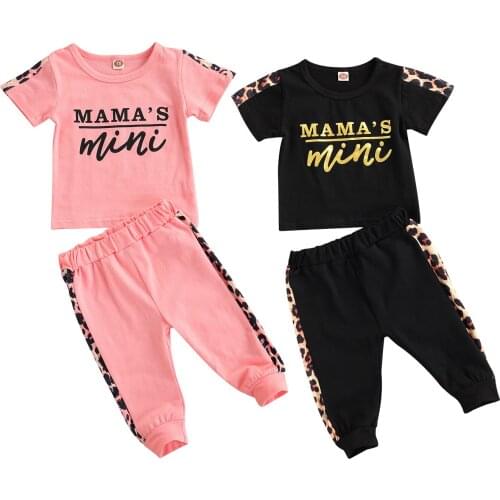 Citgeett Summer Infant Baby Girls Letters Print Short Sleeves Tops+ Trousers Leopard Elastic Waist Casual Style Clothing Set