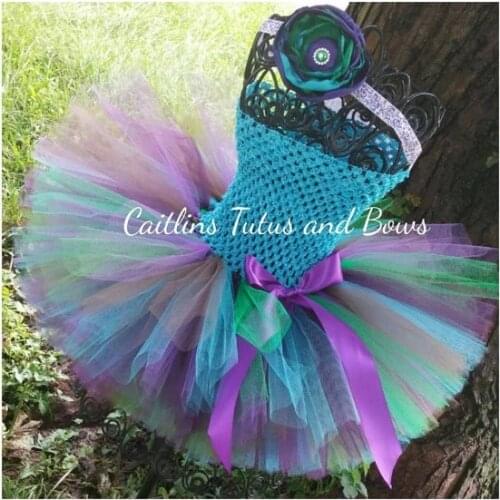 Lovely Girls Crochet Flower Tutu Dress Kids Handmade 2Layers Fluffy Tulle Ballet Tutus with Ribbon Bow and Headband Kids Clothes