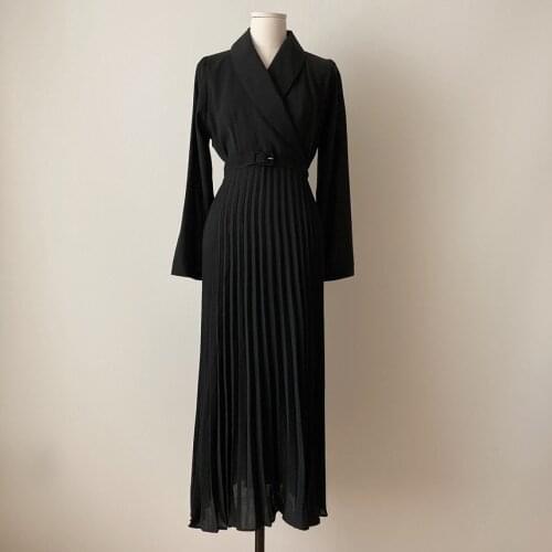 Elegant Office Ladies Blazer Dresses Women Pleated Belt Long Dress 2021 Spring Autumn Full Sleeve Female Party Dress