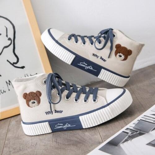 Autumn Winter High Top Bear Canvas Shoes Womens New 2021 White Lolita Shoes Student Cosplay Board Shoes Female Anime Sneakers