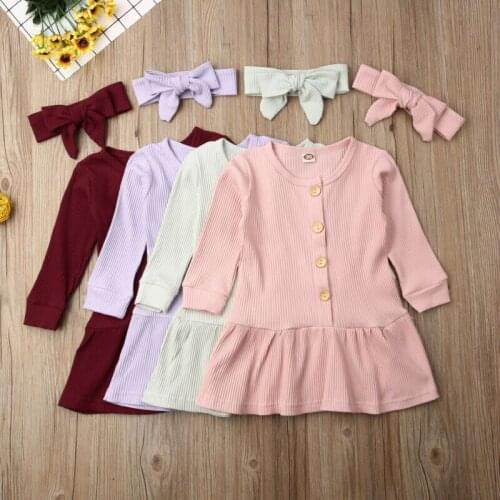 Toddler Kids Baby Girls Long Sleeve Knitted Dress Casual Girl Single Breasted Princess Button Knit Dresses
