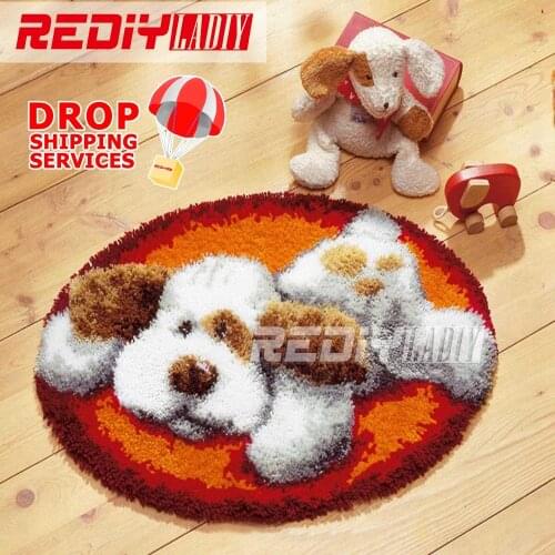 Latch Hook Rug Kits DIY Needlework Unfinished Crocheting Rug Yarn Cushion Mat White Dog at Rest 3D Embroidery Decorative Carpet