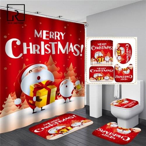 Red Merry Christmas Shower Curtains Set with Rug Carpet Waterpeoof Bathtub Bathroom Screen Toilet Partition Festival Decoration