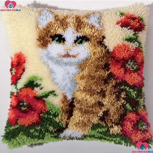 Latch Hook kits Cat flower Pillowcase Diy Handmade Printed set Cushion Latch Hook Rug Kits DIY Needlework Unfinished Home decor