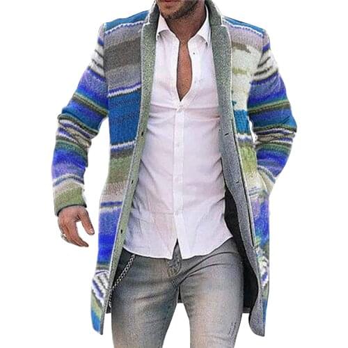 Newly Mens Long Jackets Warm Winter Overcoat Cardigan Casual Trench Coat Striped Outwear