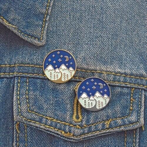 Night sky Mountain Moon Star Enamel pins Backpack Bag Hat Leather Jackets Fashion Accessory Mountain jewelry