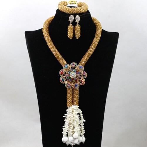 2017 Latest White African Bridal Pendant Necklace Set Gold/Champagne Nigerian Wedding Gift Beads Jewelry Set Free Shipping QW208