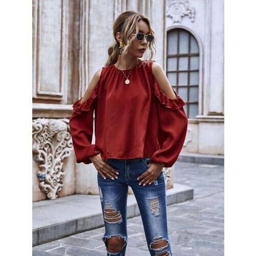 Autumn Sexy Chiffon Blouse Women Solid Long-sleeved Fashion Tops Loose Plus Size Women Clothing Casual Puff Sleeves Wine