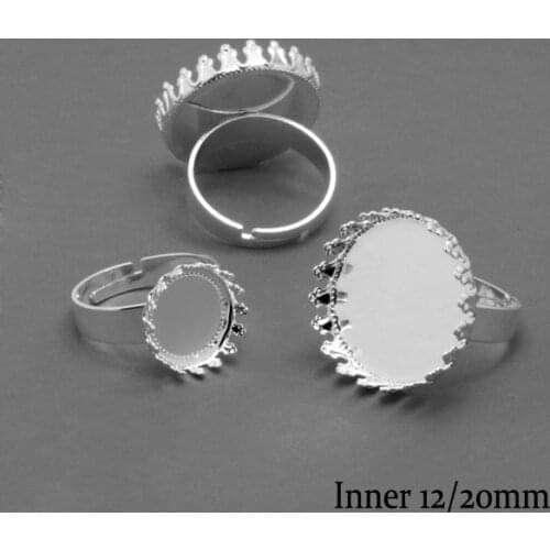 10pcs Silver Plated Blank Ring Base with Inner 12/25mm Base Tray for Glass Cabochons/Domes