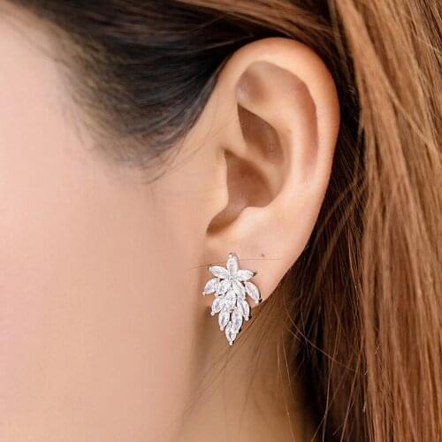 Luxury Cubic Zircon Flower Leaf Stud Earrings for Women Bridal Wedding Jewelry Anti-allergic Earrings