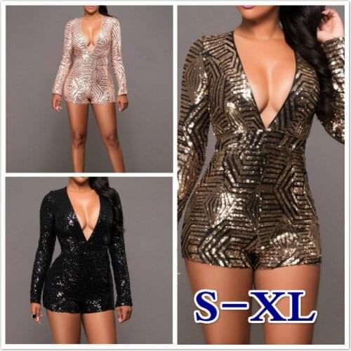 Sexy Deep V Neck Long Sleeve Sequin Rompers Womens Sexy Shorts Jumpsuit Glitter Club Party Bodycon Playsuit