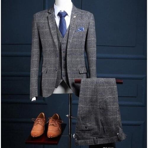 Wedding Tuxedos Mens 3 Pieces Suits 2 Buttons Check Tweed Fleck Tweed Wool Customized Best Man Tuxedos (Jacket+Pants+Vest)
