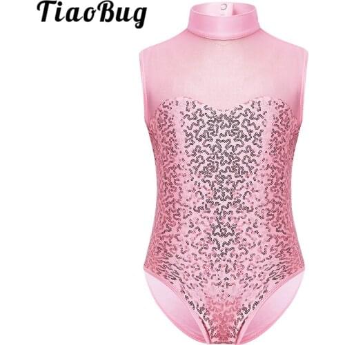 TiaoBug Kids Girls Sparkly Sequins Sleeveless Mock Neck Tulle Splice Gymnastics Leotard Ballet Dress Stage Performance Dancewear
