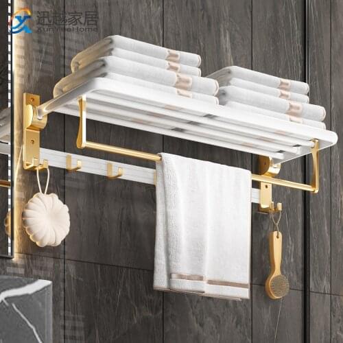 Towel Rack Holder 50-60 CM Shower Organizer Hanger Wall Fold Hook Bath White Gold Aluminum Storage Shelf Bathroom Accessories