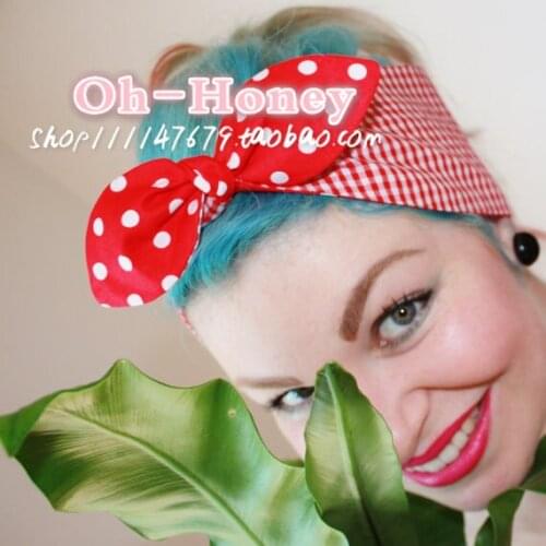 Women vintage 50s red white polka dot and gingham headband hair accessories hairband bow rockabilly pinup bandana wire scarf