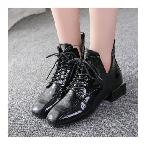 2020 Women Shoes Autumn Ankle Boots Patent Leather Lace Up Ladies Square Toe Fashion Black Shoes Low Heels Female Footwear