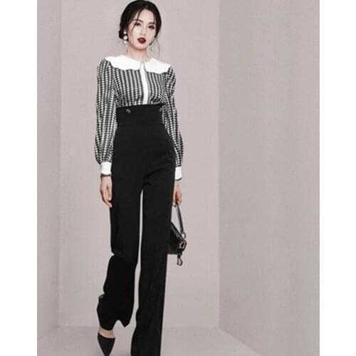 New Korean 2-Piece Suits Women 2021 Autumn Elegant Vintage Print Shirt Top & Chic High Waist Long Pants OL Work Pant Suits