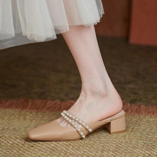 QZYERAI Summer Genuine Leather Med Heel Slippers Women Shoes Square Toe Thick Heels Lady Slides Summer Sandals Size 40