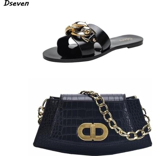 2021 New Ladies Slippers and Sandals Fashion Black Metal Chain Decorated Flat Sandals With Bag Women Slides Female Beach Shoes
