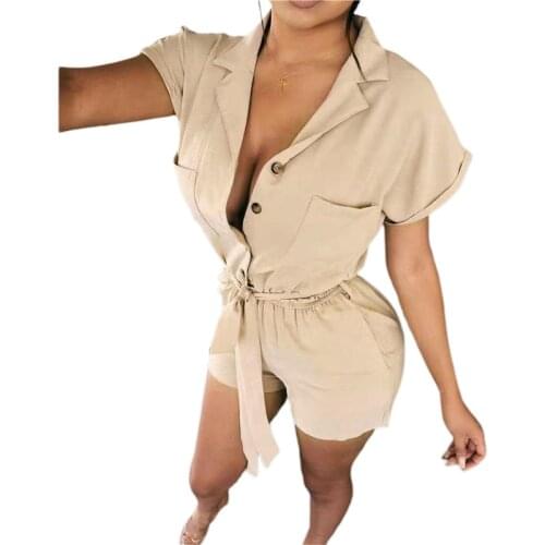 Women Playsuits Jumpsuits Solid Color Short Sleeve Buttoned Lapel Romper Overalls Ladies Belted Waist Casual Fashion Clothes