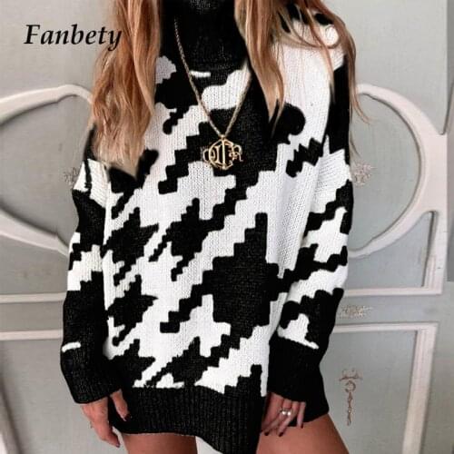 Elegant Autumn Winter Turtleneck Sweaters Vintage Geometric Houndstooth Print Pullover Top Women Casual Long Sleeve Knit Sweater