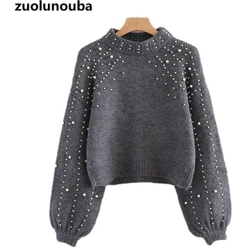 2020 Autumn And Winter Knitted Pullover Beaded Pure Color Sweater Women Short Lantern Sleeve Casual Warm Ladies Pullover Sweater
