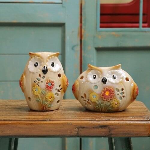 2 Pcs/Sets Retro Country Oil Painting Style Ceramic Glazed Color Owl Candle Holder Pastoral Style Home Decoration Accessories