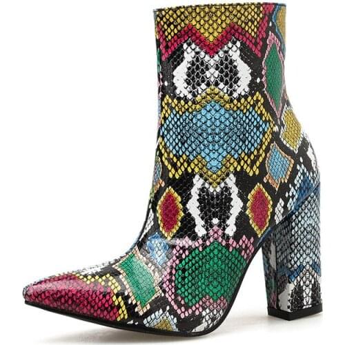 2019 foreign trade new womens shoes Europe and the United States sexy color snake pattern thick with high heel boots women