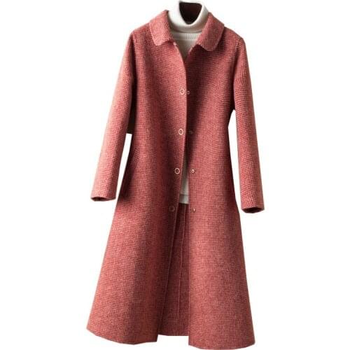 2020 autumn 100% wool coats womens double-sided cashmere coat female medium long thousand bird plaid woolen windbreaker jacket