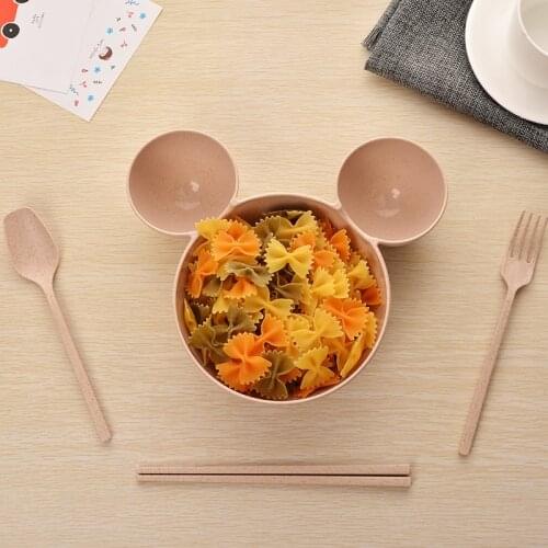4 Pcs Children Baby Bamboo Tableware Solid Feeding Mickey Dishes Baby Bowl Plate Food Feeding Dinnerware Set Plates for Children