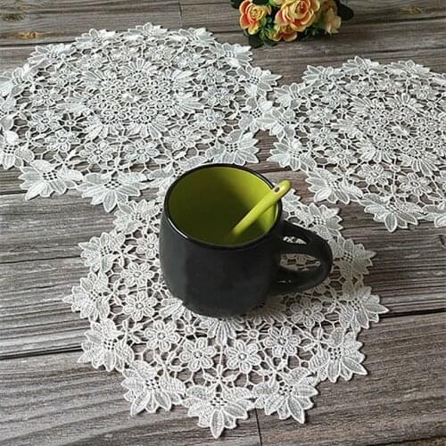 White Lace Round Embroidery Table Place Mat Christmas Pad Cloth Dish Placemat Cup Mug Dinner Tea Coaster