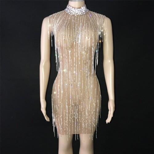 Sparkly Silver Crystals Chains Rhinestones Sexy Dress Mesh See Through Stretch Fringed Evening Birthday Party Dresses XS2105