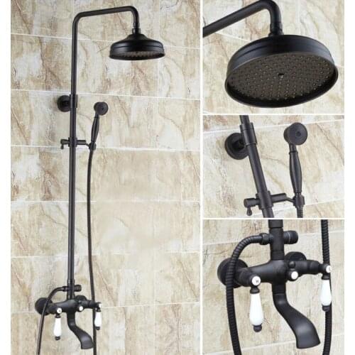 Black oil Antique Brass Wall Mounted Rain Bathroom Rainfall Shower Faucet Set with Hand Spray Shower Head Tub Mixer Tap 2hg141