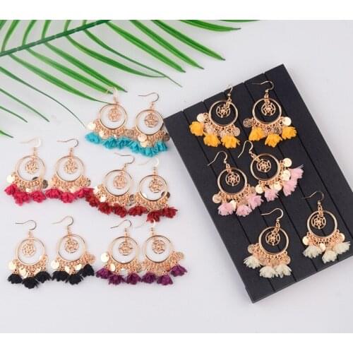 TopHanqi Colorful Cloth Flower Earring Boho Gold Color Big Circle Dream Catcher Drop Dangling Earrings For Women Wedding Jewelry