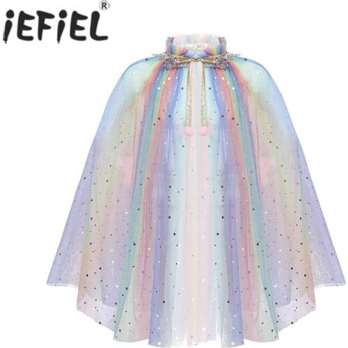Kids Sequin Tulle Princess Cloak Capes Toddler Girls Halloween Dress Up Mantle Unicorn Cosplay Shawl Birthday Party Costume Coat