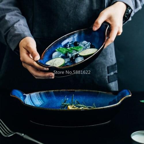 Blue Boat Shaped Plate Ceramic Long Fish Bowl Baking Cheese Bowl Dish
