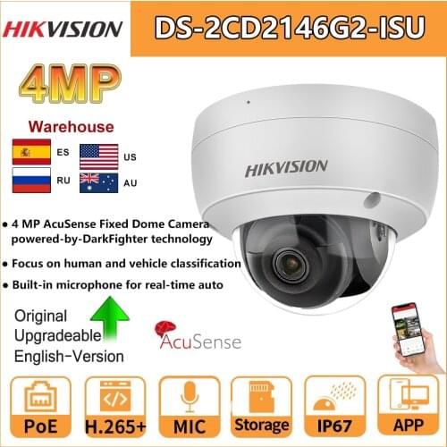 Hikvision 4 MP Acusense PoE IR Dome IP Camera DS-2CD2146G2-ISU SD Card Slot Built-In Mic Human and Vehicle Classification IP67