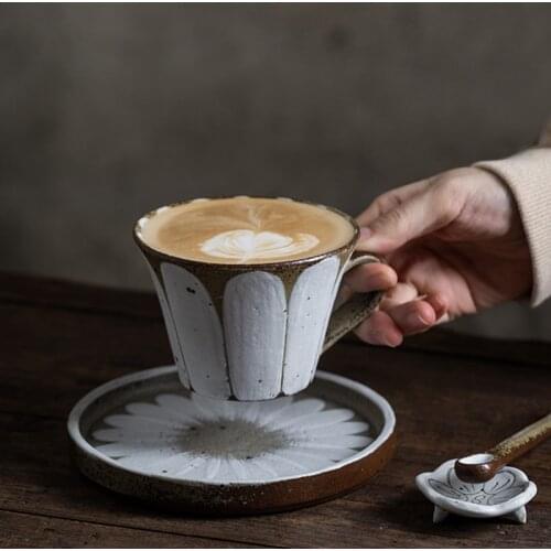 Handmade broad mouth petal pottery clay coffee cup dish creative Japanese teac up saucer set latte cup
