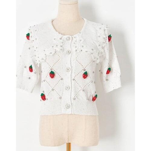 Sweet White Cardigan with 3D Strawberry Beaded 2021 Summer Crop Tops Peter Pan Collar Cutout Short Sleeve Thin Sweater Shirt