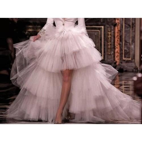 High Fashion Women Skirt High Low Tiered Personalized Tulle Skirt Wedding Saias Longa jupe femme White Long Skirt Adult Chic