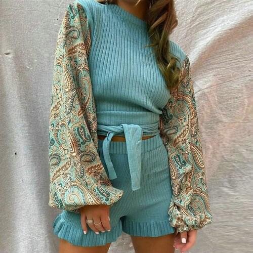Fashion Women 2 Piece Outfits Casual O-Neck Patchwork Print Long Lantern Sleeve Lace Up Tops+Elastic High Waist Shorts Lady Sets