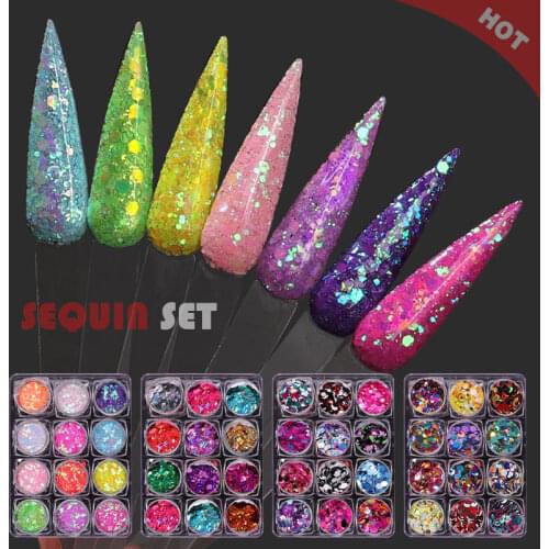 12 Boxes Holographic Nail Art Sequins Set Laser Colorful Round Ultrathin Glitter Nail Flakes Slices Shining Manicure Decorations