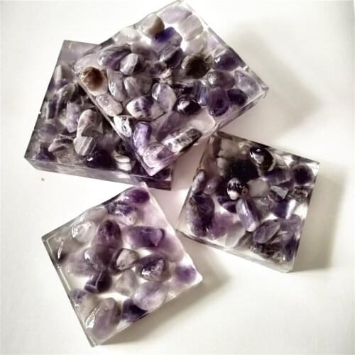 Natural Amethyst Tumble Stones Purple Crystal Garvel Quartz Slice Epoxy Resin Square Crystal Slab Specimen Energy Healing 1pcs