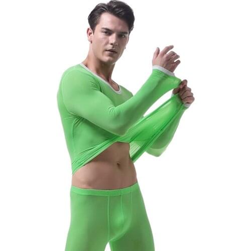 Mens Warm Underwear Ultra Thin Ice Silk High Elastic Man Autumn Translucent Bottom Long Johns Shirts (not Include Pants)