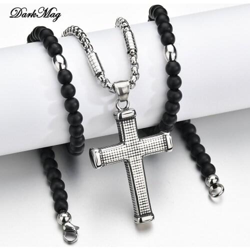 DarkMag New Cross Pendant Necklace For Men Women 316L Stainless Steel Rosary Beads Necklace Religious Jewelry