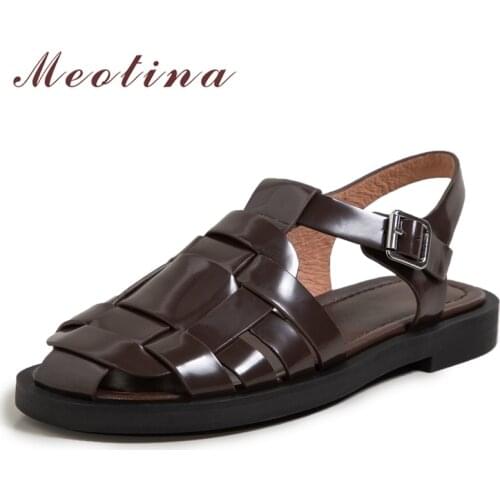 Meotina Women Gladiator Sandals Shoes Genuine Leather Sandals Buckle Flat Shoes Square Toe Cow Leather Ladies Footwear Summer 40