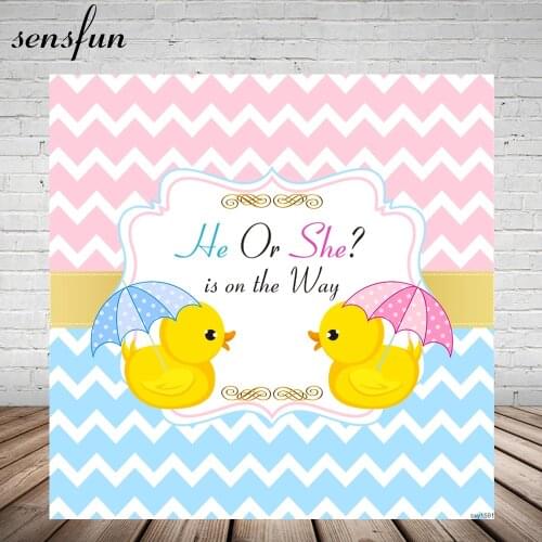 Sensfun Cut Yellow Duck Pink And Blue Striped Backdrop Gender Reveal Baby Shower Newborn Birthday Party Photography Backgrounds